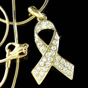 Swarovski Crystal Gold Plated Childhood Cancer Endometriosis Lung Cancer Awareness Ribbon Necklace Christmas 50th 60th 70th 80 Birthday Gift