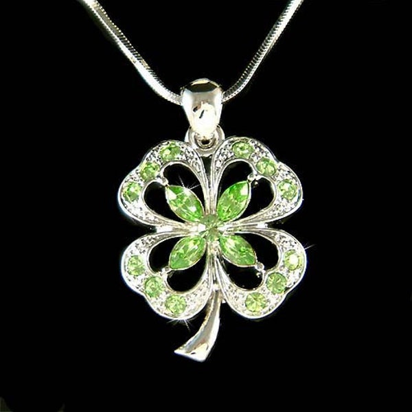 Swarovski Crystal Irish Saint St Patrick's Day Lucky Green Four Leaf CLOVER SHAMROCK Necklace Christmas 20th 30th 40th 50th 60 Birthday Gift
