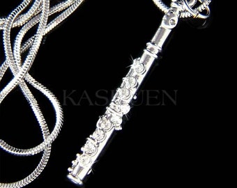 Swarovski Crystal Flute Necklace, Woodwind Instrument Charm, Music Jewelry, Musical Personalized Christmas Unisex 30th 40th Birthday Gifts