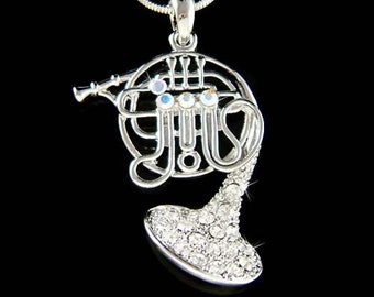 Swarovski Crystal Brass FRENCH HORN Band trumpet cornet charm Pendant Music Musical Instrument Necklace Jewelry Musician Christmas Gift New