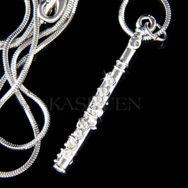 Swarovski Crystal Flute Necklace Woodwind Instrument Music Musical Jewelry Christmas Best Friend Unisex 20th 30th 40th 50 Birthday Gift New