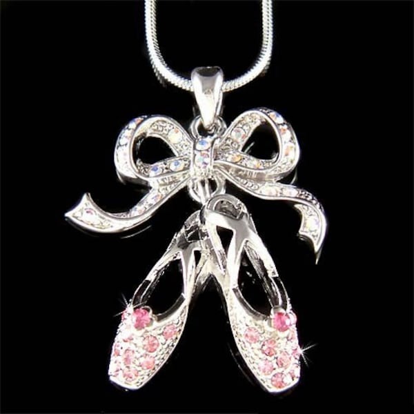 Pink Swarovski Crystal BALLERINA Slippers Ballet Dance Shoes Pendant Necklace Christmas Gift New