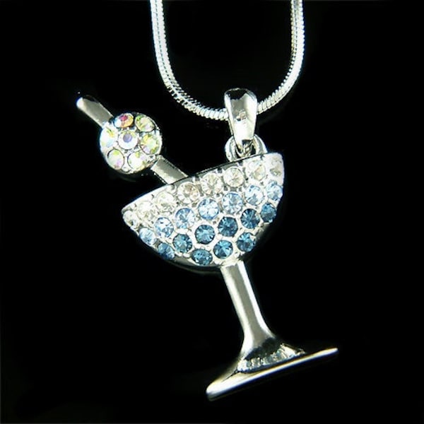 Swarovski Crystal Blue Martini Cocktail Glass Olive Party Drink Pendant Necklace New After Work Happy Hour Jewelry Best Friend Gift