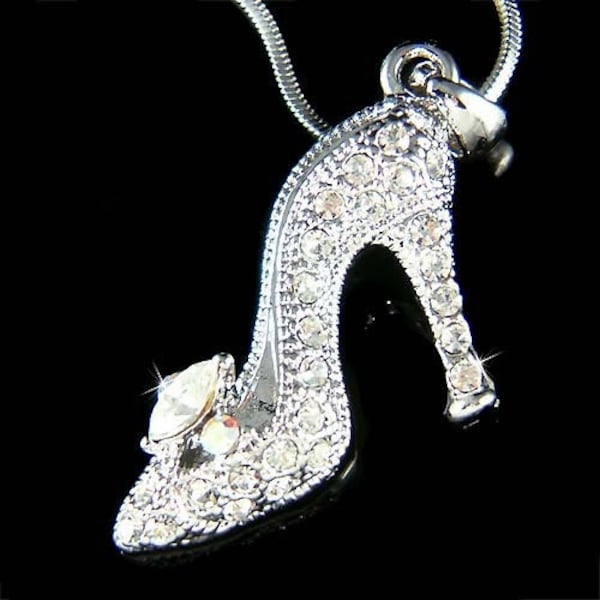 Swarovski Crystal Princess Glass Slippers High Heel Shoe Bridal Wedding Necklace Fairy Tale Women Jewelry Fantasy Magical Xmas Birthday Gift