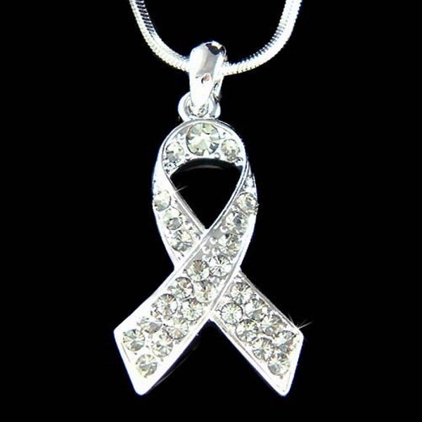 Swarovski Crystal Gray Brain Cancer Tumor Awareness Ribbon Charm Chain Pendant Necklace Support Family Friend Funeral Death Mourning Jewelry