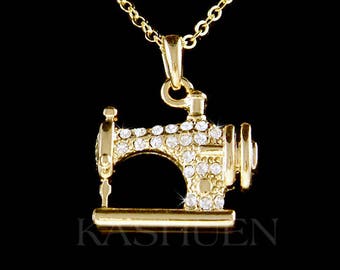 Swarovski Crystal Sewing Machine 14K Gold Filled Necklace Jewelry Quilter Dressmaker Seamstress Mother BFF Christmas 60th 70th Birthday Gift