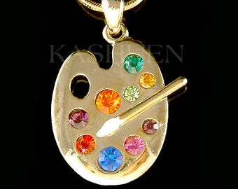 Swarovski Crystal Rainbow Artist Painter Paint Color Palette White Enamel Brush Gold Necklace Jewelry Graduation Christmas Best Friend Gift