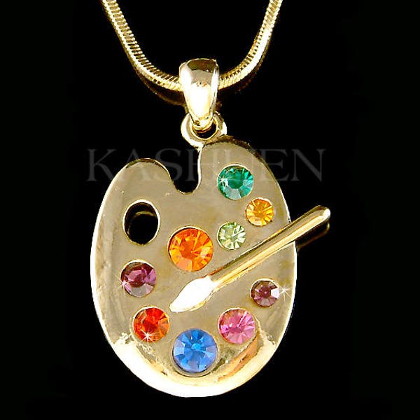 Swarovski Crystal Rainbow Artist Painter Paint Color Palette White Enamel Brush Gold Necklace Jewelry Graduation Christmas Best Friend Gift