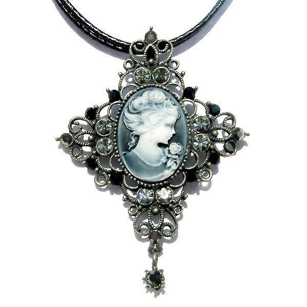 Swarovski Crystal Big Cross Black CAMEO Antique Silver Victorian Gothic Steampunk Romantic Faux Leather Necklace Jewelry Christmas Gift New