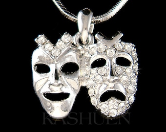 Swarovski Crystal Clear Comedy & Tragedy Mask Theater Play Acting Broadway Masquerade Charm Necklace Jewelry Christmas Best Friend Gift New