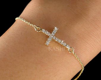 Dainty Swarovski Crystal Sideways Cross Charm Fine Cable Gold Tone / 14K Gold Filled Chain Bracelet Religious Jewelry Easter Christmas Gift