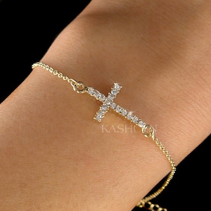 Dainty Swarovski Crystal Sideways Cross Charm Fine Cable Gold Tone / 14K Gold Filled Chain Bracelet Religious Jewelry Easter Christmas Gift