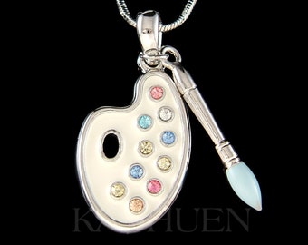 Swarovski Crystal Multi Color Artist Painter Paint White Palette Blue Brush Charm Necklace Jewelry Christmas Art Teacher 40th Birthday Gift