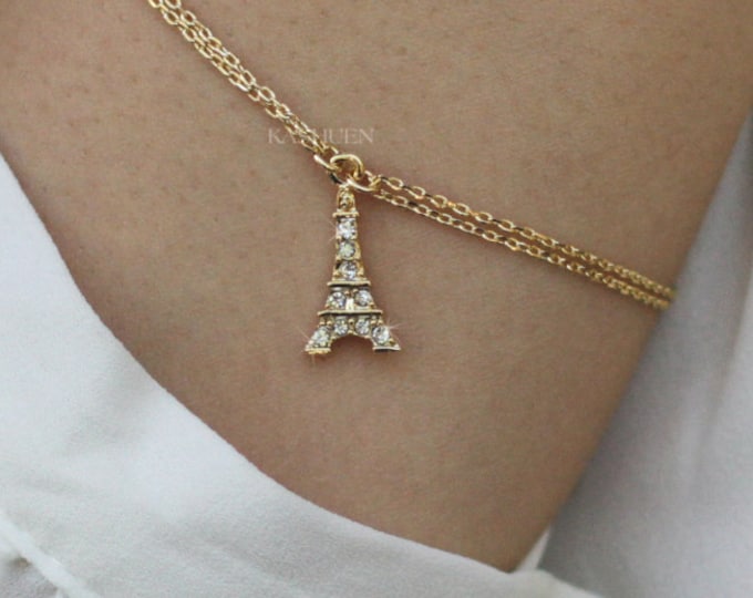 Swarovski Crystal Dainty Eiffel Tower 14K Gold Filled Bracelet, Paris Jewelry, France Honeymoon Vacation Souvenir, Christmas Birthday Gifts