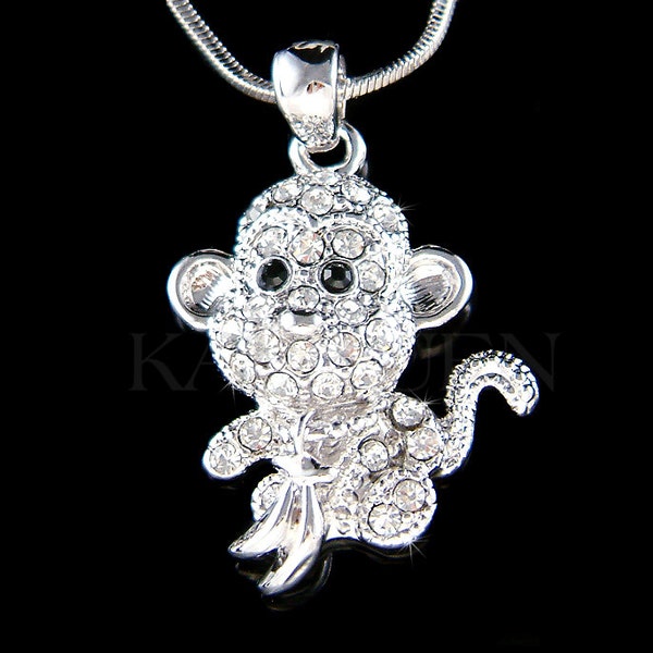 Swarovski Crystal Monkey Moving Banana Chimp Chimpanzee Animal Chinese Zodiac Charm Necklace Jewelry Best Friend 18 Birthday Christmas Gifts