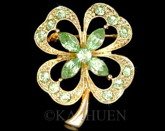 Swarovski Crystal Green Irish Saint Patrick's Paddy Day Lucky 4 Four Leaf CLOVER SHAMROCK Good Luck Gold T Pin Brooch Jewelry Christmas Gift