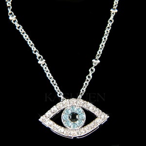 Dainty Swarovski Crystal Baby Blue Aqua Jewish Judaism Big Evil Eye Nazar Protection Flower Charm Pendant Chain Necklace Religious Jewelry