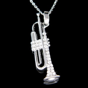 Swarovski Crystal Bach King Brass TRUMPET Sterling Silver Necklace Music Student Musical Instrument Jewelry Musician Christmas Birthday Gift