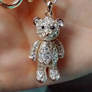 Swarovski Crystal 3D Big Movable Cuddly Teddy Bear Cute Gold Keychain Lanyard Hook Jewelry Teens Teenager Girls Christmas Best Friend Gift
