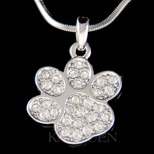 Swarovski Crystal Dog Puppy KITTY CAT Kitten Animal Pawprint Paw Print 18&quot; Chain Charm Necklace Jewelry Best Friends Christmas Birthday Gift
