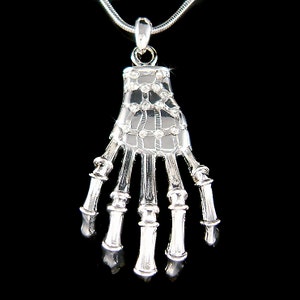 Swarovski Crystal Creepy Skeleton Hand Skull Goth Gothic Punk HIP HOP Charm Chain Necklace Day of the Dead Jewelry Unisex Halloween Costume