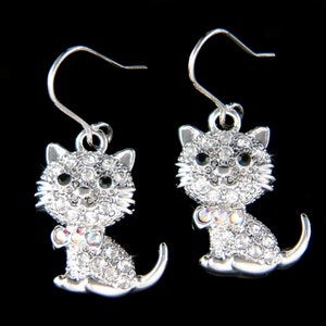 Swarovski Crystal Cute Cat Earrings Kitten Kitty Animal Women Dangle Sterling Silver Jewelry Girls Granddaughter Christmas Birthday Gift New