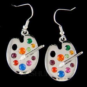 Swarovski Crystal Rainbow Artist Paint Palette Sterling Silver Earrings Painter Brush Jewelry Christmas Friends Graduation 20 Birthday Gifts