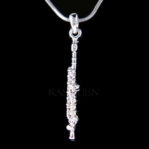 Swarovski Crystal Silver Tone Flute Woodwind Instrument Music Musical Necklace Jewelry Christmas Friend BFF 20th 30th Birthday Gift New Cute