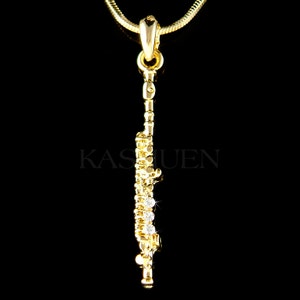 Swarovski Crystal Gold Flute Woodwind Instrument Music Musical Charm Chain Necklace Jewelry Christmas Best Friend 30th 40 Birthday Gift Cute image 1