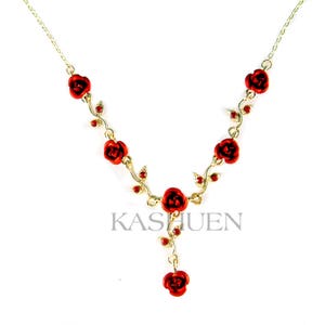 Swarovski Crystal Hot Red Rose Flower Floral Gold Tone Cable Chain Necklace Holiday Christmas Best Friend Bridal Bridesmaid Jewelry Gift New