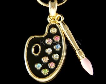 Swarovski Crystal Cute Artist Painter Paint Palette Cream Black Enamel Pink Brush Charm Gold TN Necklace Jewelry Christmas Best Friend Gift