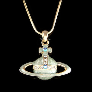 Swarovski Crystal Cross Light Blue Saturn Jupiter Neptune Uranus Flat Orb Gold Tone Necklace Jewelry Charm Christmas 20th 30th Birthday Gift