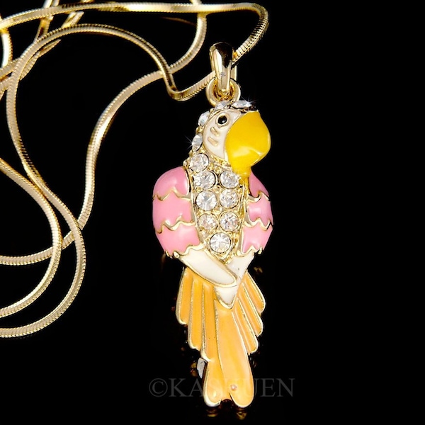 Swarovski Crystal Glamorous Pink Yellow Parrot Necklace Macaw Cockatiel bird Animal Purse Charm Keychain Jewelry 50 Birthday Christmas Gift