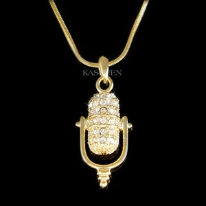 Swarovski Crystal Music Singer Retro Studio Microphone band Vocal Gold T Necklace Jewelry Unisex Men Teacher Coach Birthday Christmas Gift