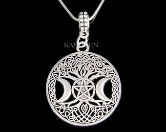 May include: Silver necklace with a circular pendant featuring a Celtic knot design, a triple moon symbol, and a pentagram.