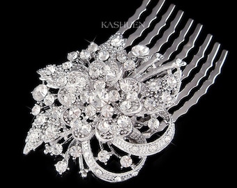 Swarovski Crystal Sparkling Floral Hair Comb, Flower Leaf Rhinestone Bridal Wedding Head Piece, Hair Bun Fascinator, Jewelry - Ready to Ship