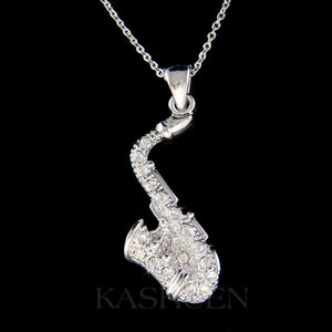 Swarovski Crystal TENOR ALTO Sax SAXOPHONE charm Pendant Music Musical Instrument Necklace Musician Christmas Gift New