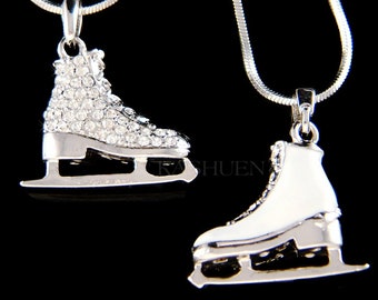 Swarovski Crystal 3D Ice Skating Hockey Shoes figure Skates Girls Double Sides Pendant Chain Necklace Coach 20 Birthday Christmas Gift New