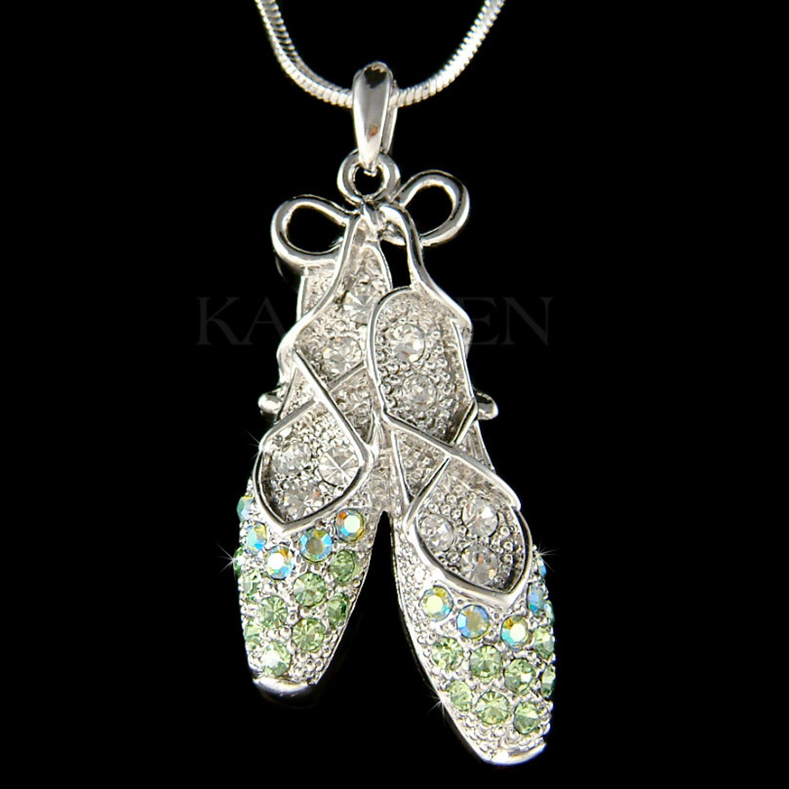 swarovski crystal green ballerina slippers ballet dance shoes dancer charm pendant chain necklace jewelry best friend bff christ