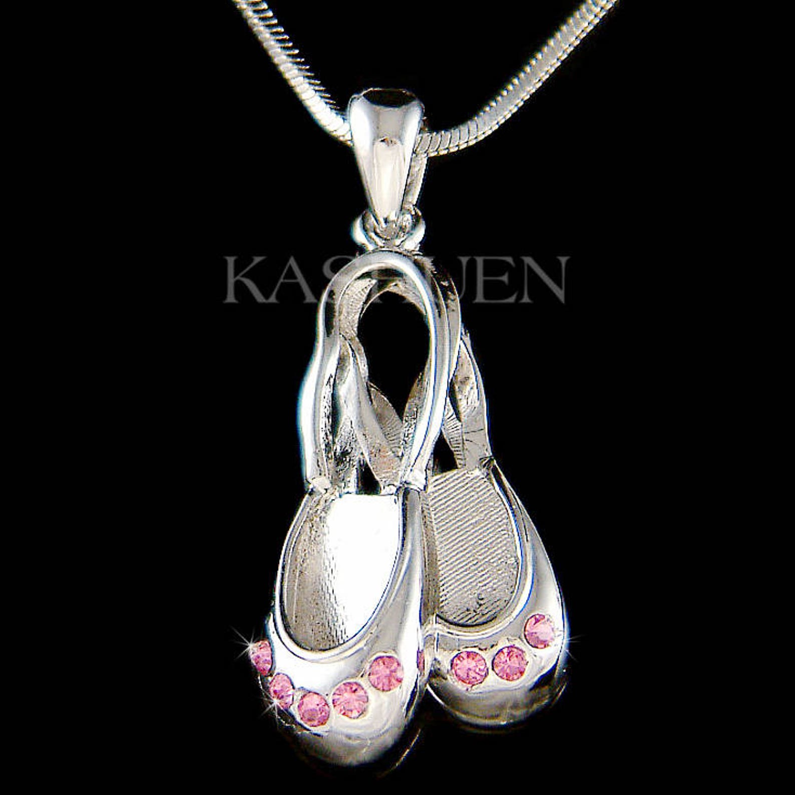 swarovski crystal pink ballerina slippers ballet dance shoes pendant chain necklace jewelry best friend teacher student christma