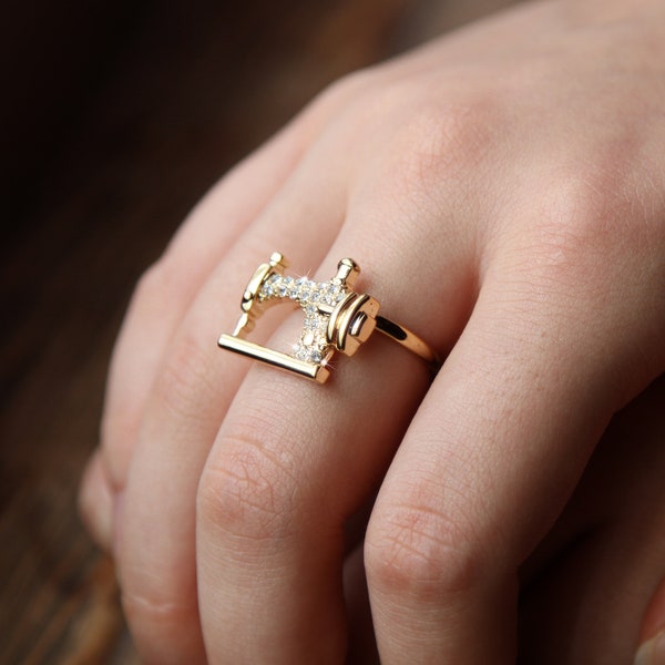 Swarovski Crystal Gold Sewing Machine Ring, Dressmaker Seamstress Gift, Quilter Jewelry, Adjustable Statement Ring, Christmas Birthday Gifts