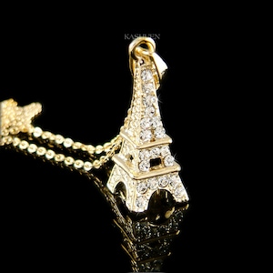Swarovski Crystal Dainty 3D Eiffel Tower Paris France Honeymoon Necklace 14K Gold Filled Jewelry Holiday Vacation souvenir Christmas Gift