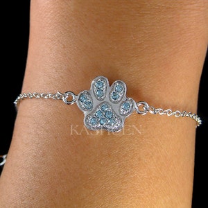 Swarovski Crystal Dainty Blue Paw Print Sterling Silver Bracelet Dog KITTY CAT Kitten Jewelry Animal Lover Christmas 20th 30th Birthday Gift