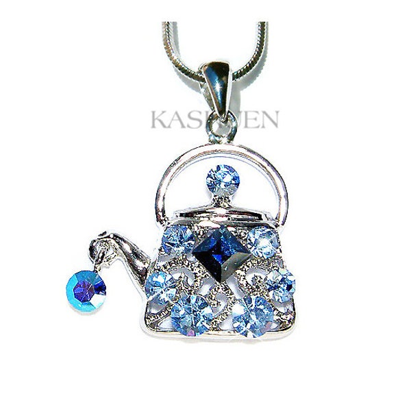 Swarovski Crystal Blue Teapot TEA Party POT Kettle Jewelry Pendant Chain Necklace Christmas Best Friend 40th 50th 60th 70th 80 Birthday Gift