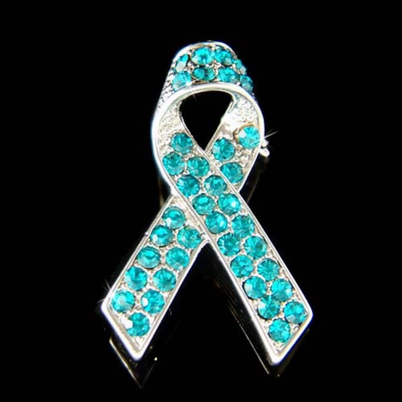 Teal Blue Swarovski Crystal Ovarian Cervical Cancer Ribbon Pin Etsy