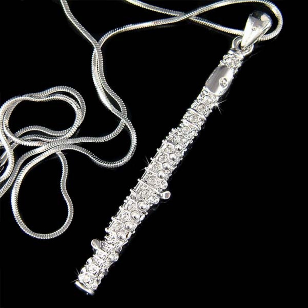 Swarovski Crystal Long Flute Necklace Woodwind Instrument Charm Pendant