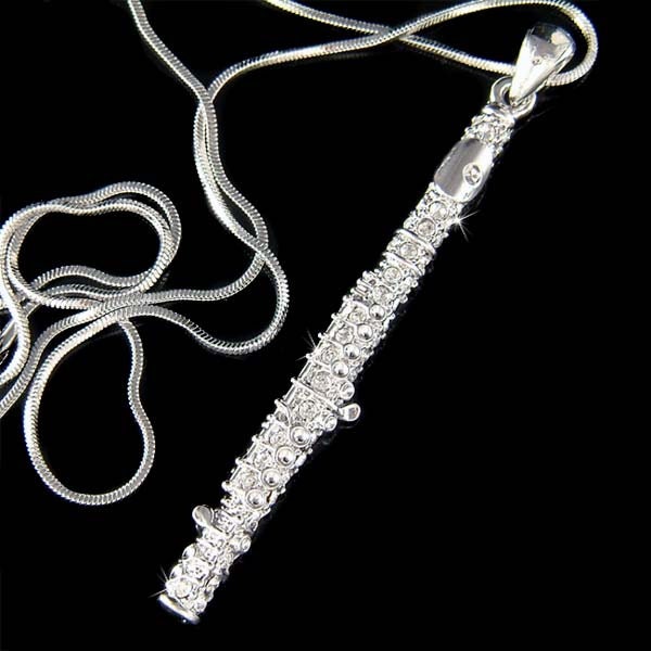 Swarovski Crystal Long Flute Necklace Woodwind Instrument Charm Pendant Music Musical Musician Classy Jewelry Christmas 40 Birthday Gift New