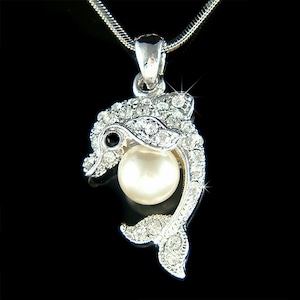 Cute Clear Pearl Ball Swarovski Crystal Dolphin Beach Wedding Marine Pendant Necklace
