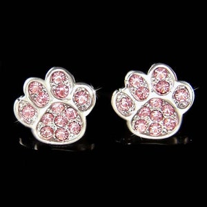 Swarovski Crystal Pink Paw Print Stud Pierced Earrings Dog KITTY CAT Kitten Pawprint Jewelry Animal Lover Christmas 30th 40 60 Birthday Gift