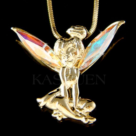 Gold Tone Swarovski Crystal Clear AB Fairy Angel Wings Charm